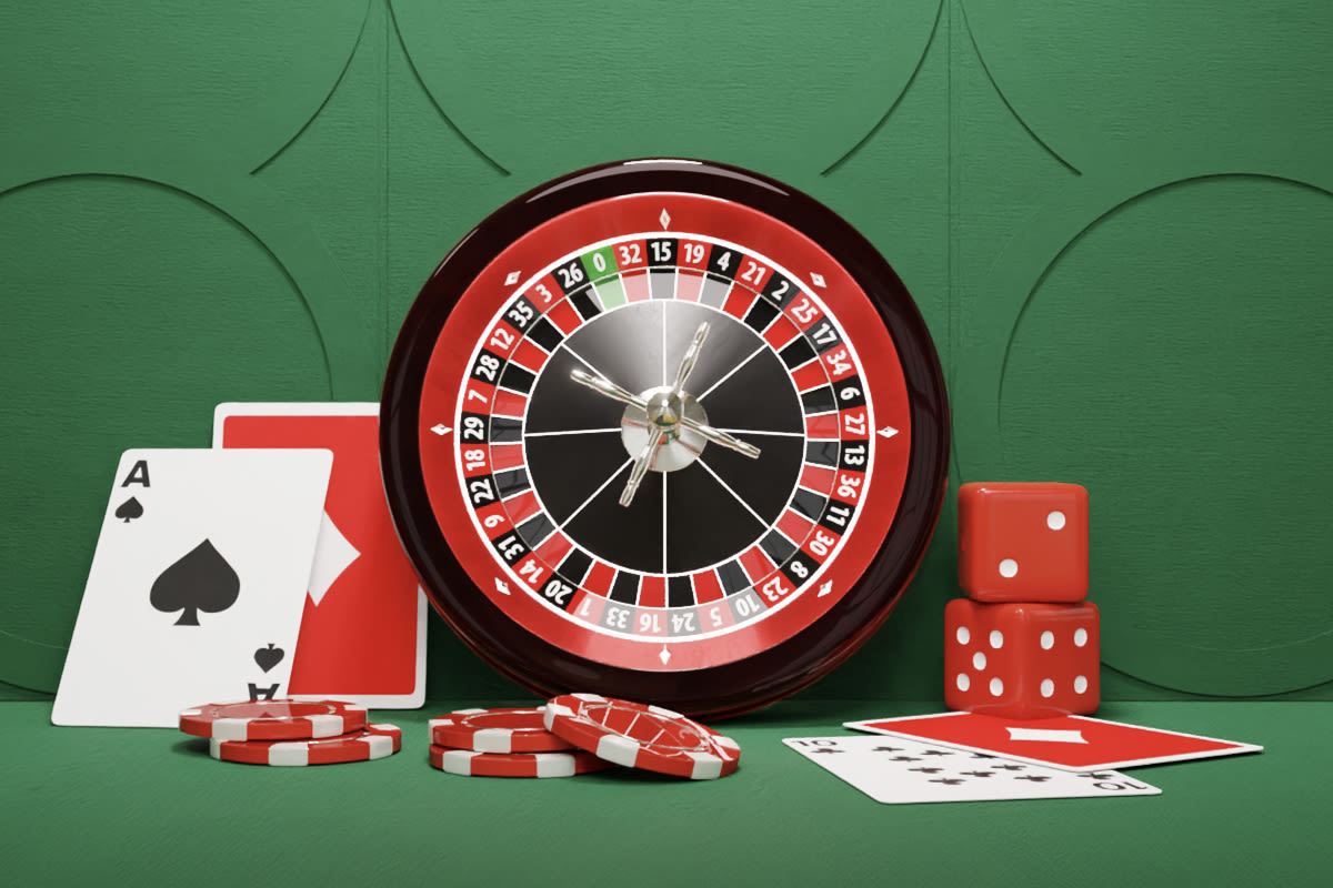 Several casino items including a roulette wheel, playing cards, chips and dice against a green backdrop.