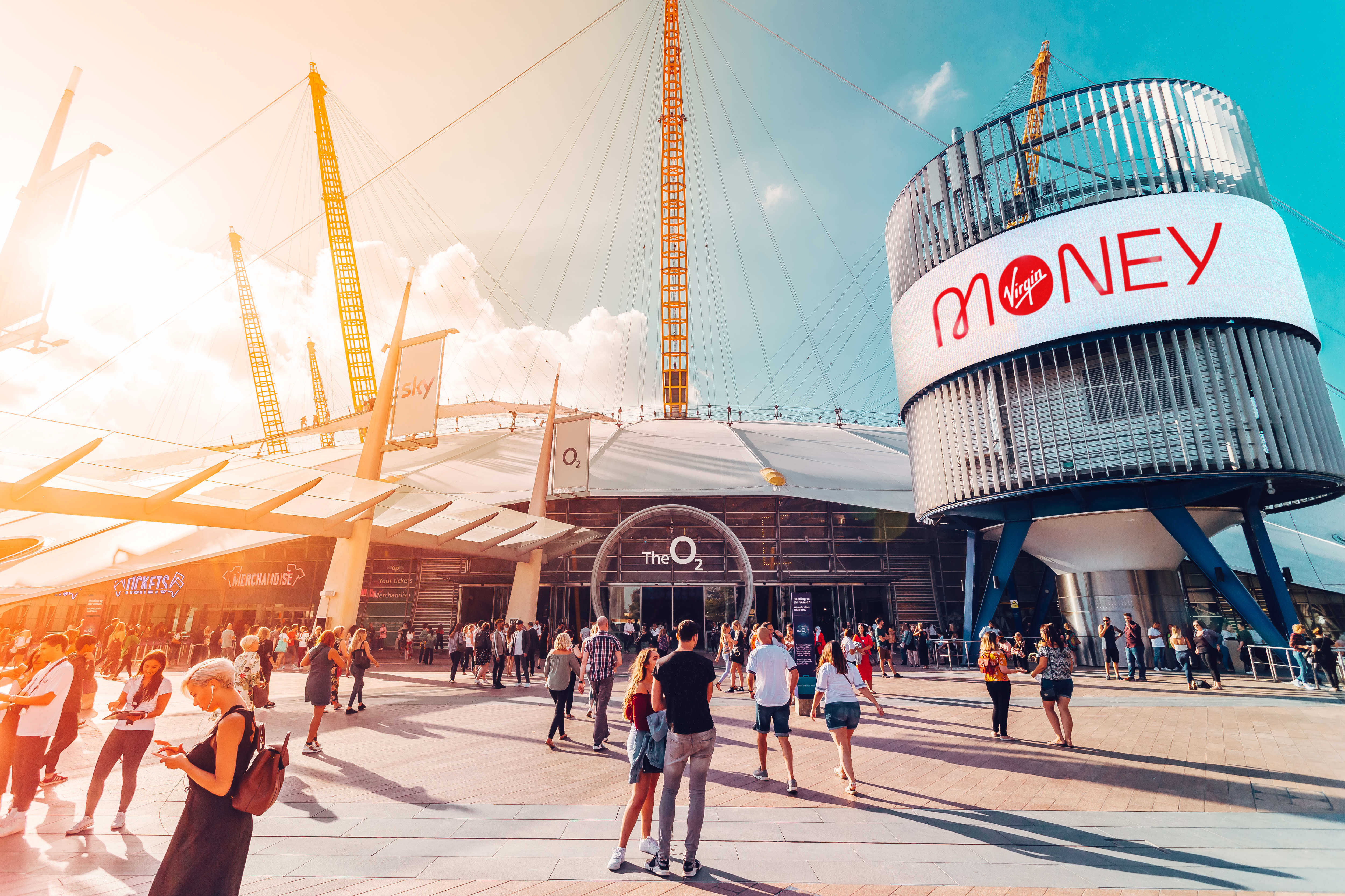 Virgin Money logo on advertising outside The O2 in London