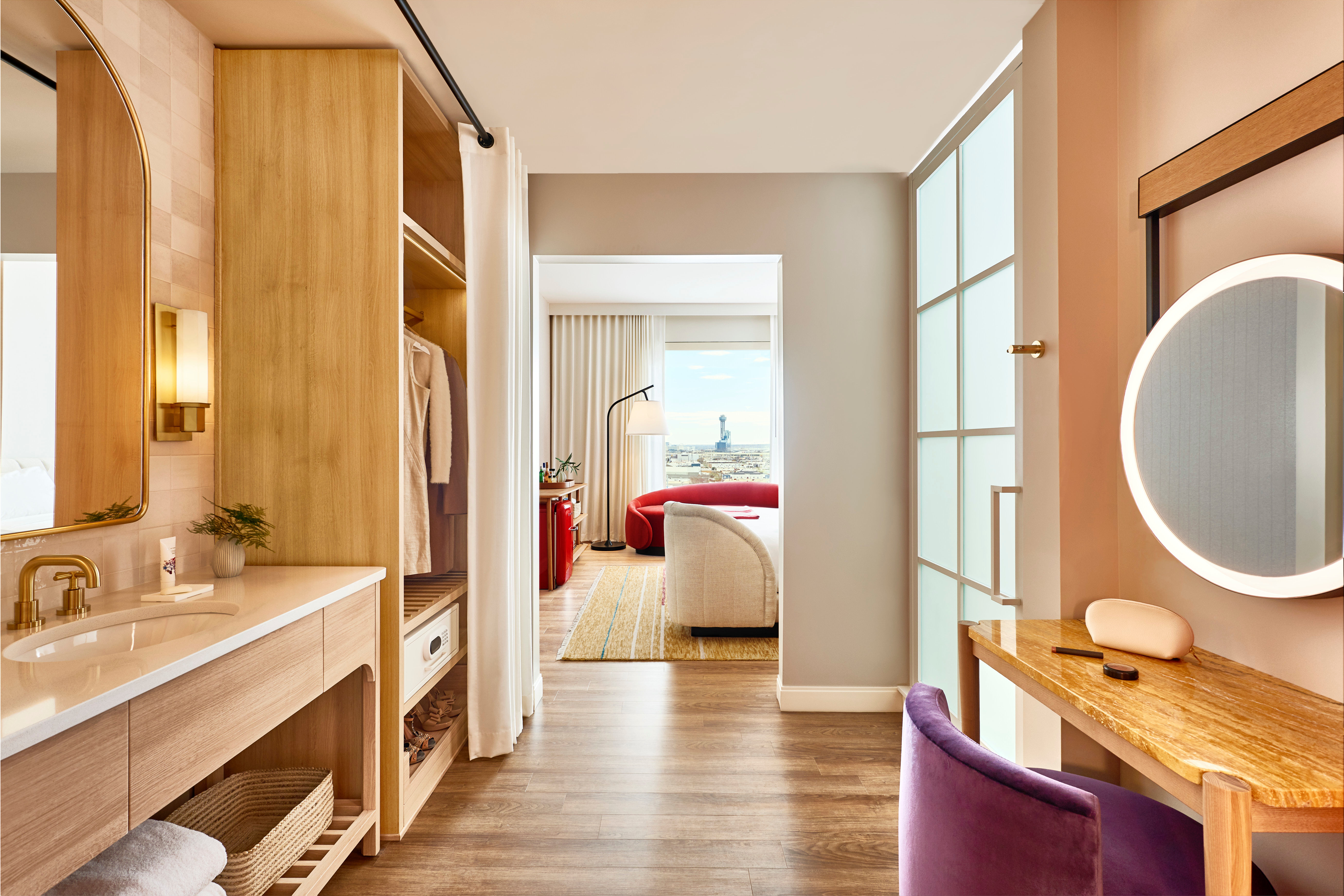 The dressing room area of a Chamber at Virgin Hotels Dallas