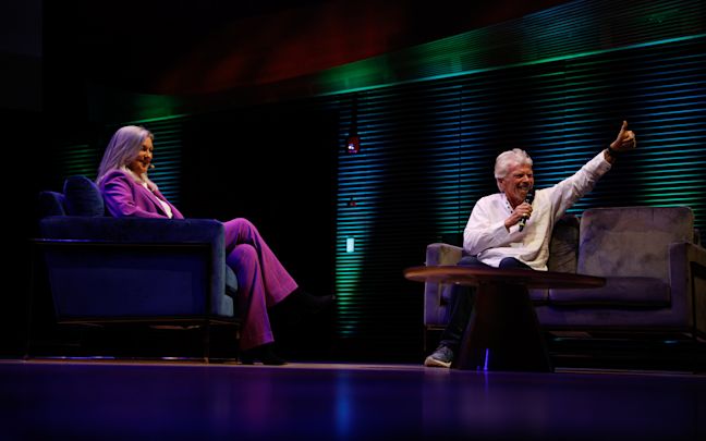 Richard Branson and Kate Griggs on stage at the World Dyslexia Assembly