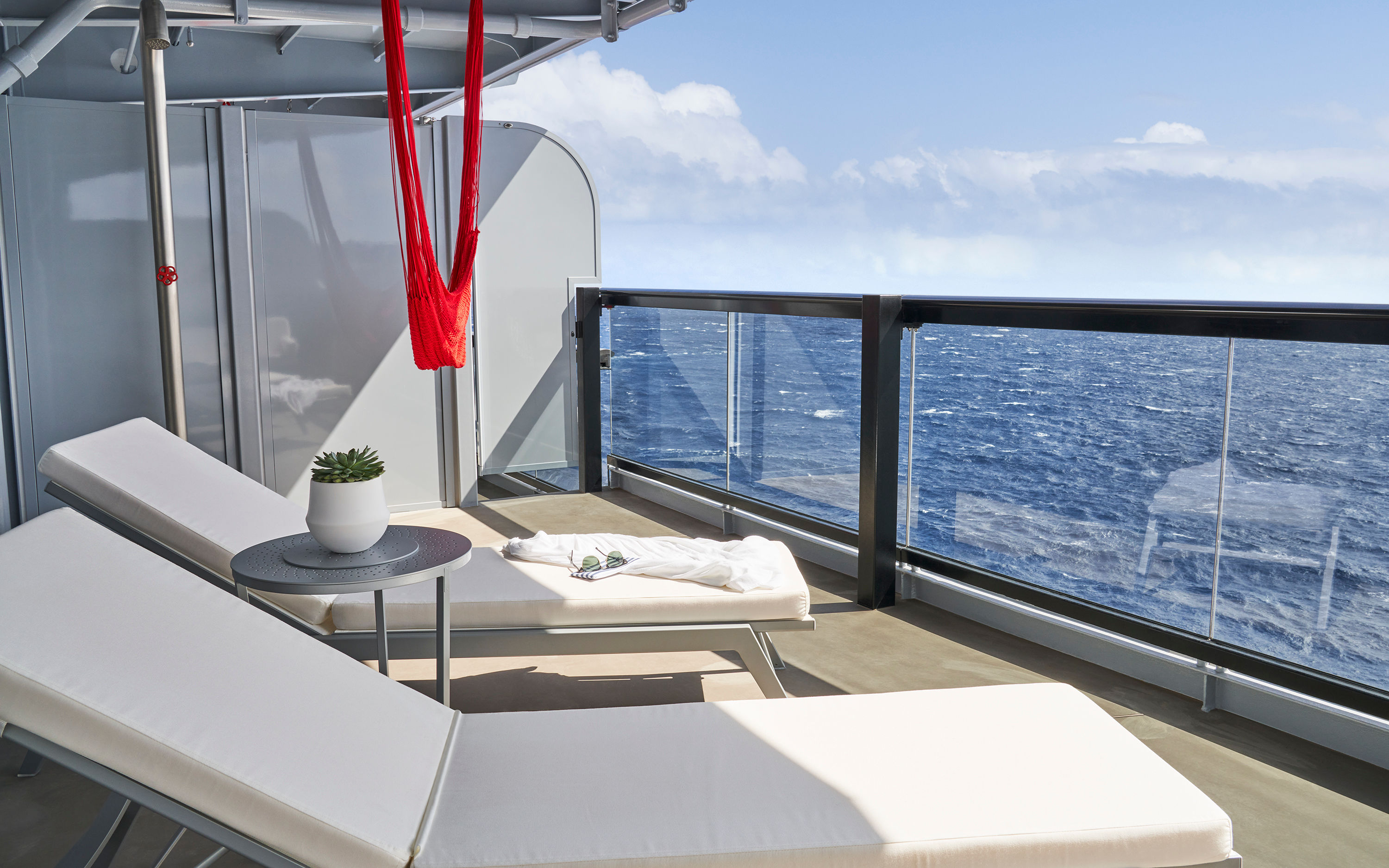 Balcony area in a Virgin Voyages' suite