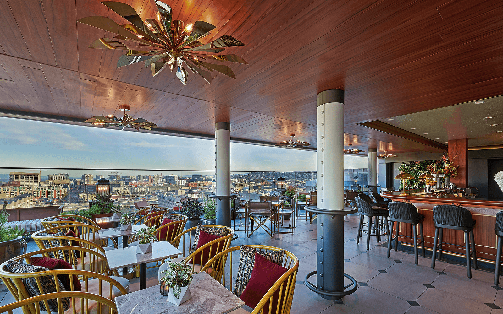 A bar area looking out into the city of San Francisco 